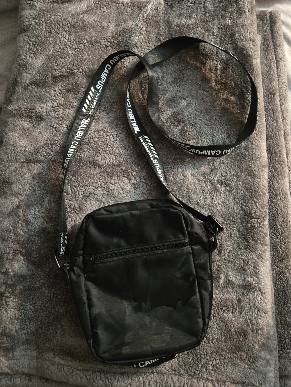 Malibu Campus Black Crossbody Messenger Bag with Branded Graphic Strap
